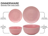 Handcrafted Ceramic Stoneware Dinner Set Of 14 Pieces With Serving Bowl Set - Pastel Pink | 4 Dinner Plates + 4 Small Plates + 4 Dinner Bowl, 180ml Each+ 2 Serving Bowl, 1000ml Each - Microwave Safe